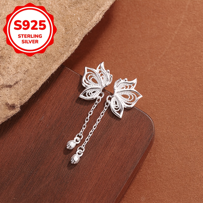 925 Silver Butterfly Tassel Stud Earrings